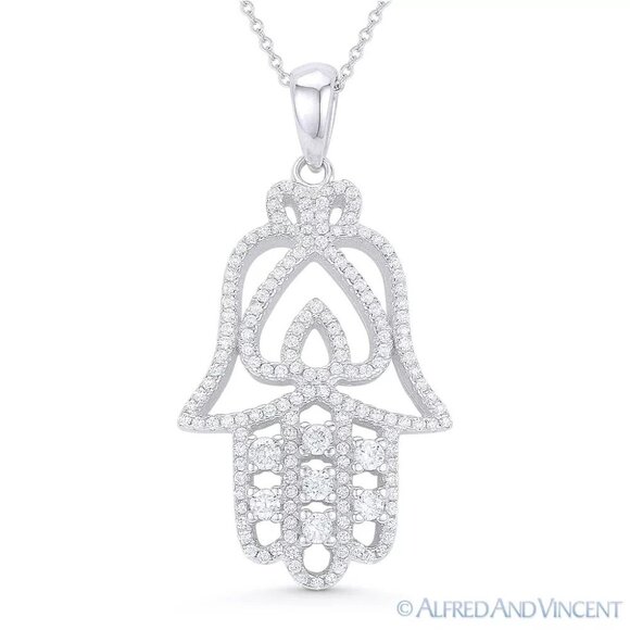Hamsa Hand & Spade Evil Eye Charm CZ Crystal Pendant in .925 Sterling Silver - Picture 1 of 1